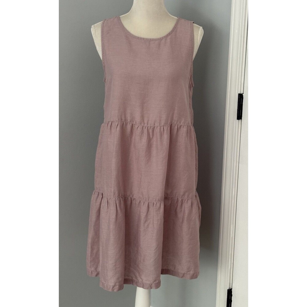 C & C California 100% Linen Sleeveless Dress Tiered Pink Size M Boho Resort - Picture 2 of 12